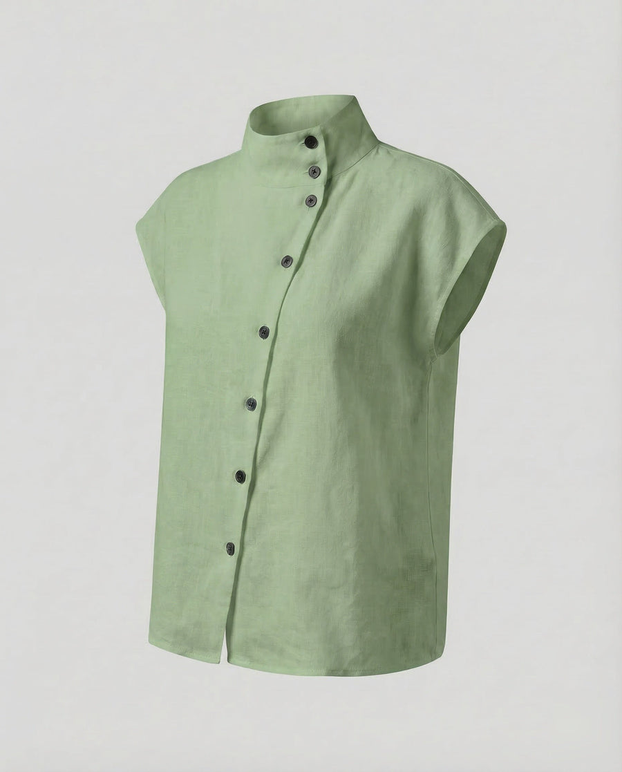 Liv Linen Blouse with Stand Collar in Green