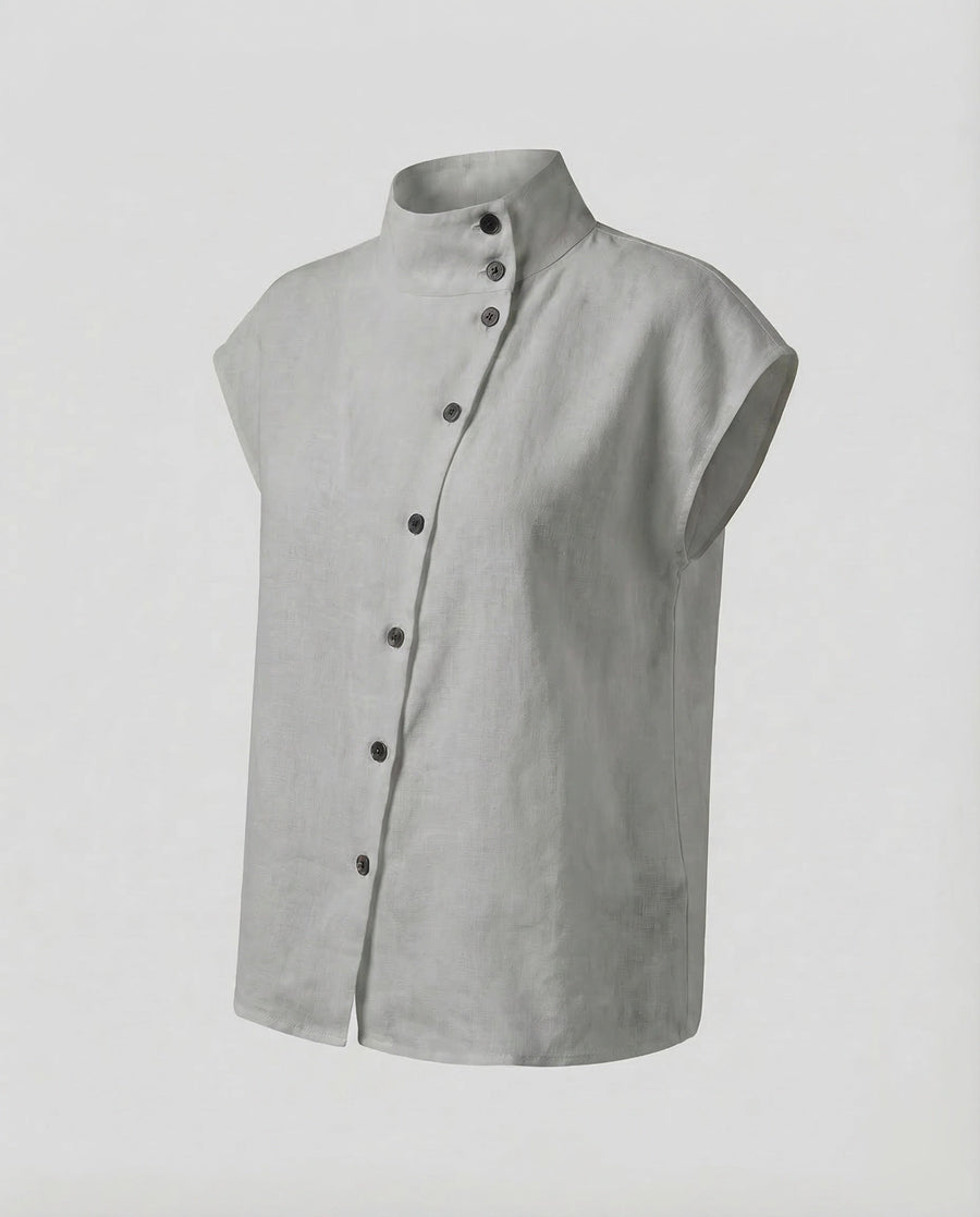 Liv Linen Blouse with Stand Collar in Grey