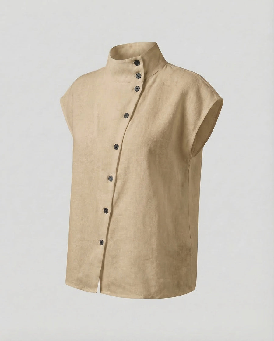 Liv Linen Blouse with Stand Collar in Khaki