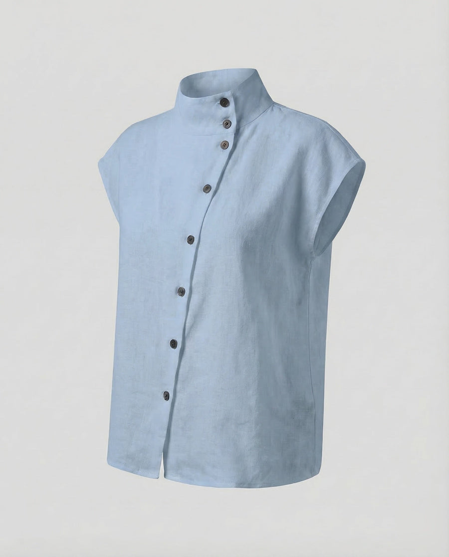 Liv Linen Blouse with Stand Collar in Light Blue
