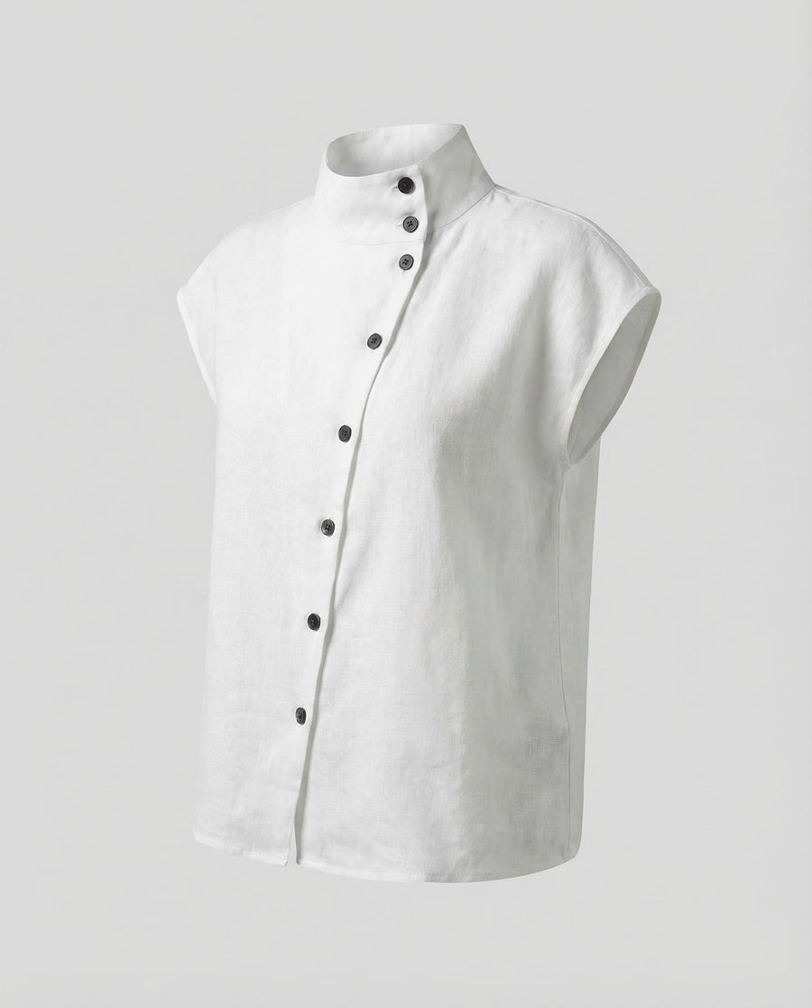 Liv Linen Blouse with Stand Collar in White