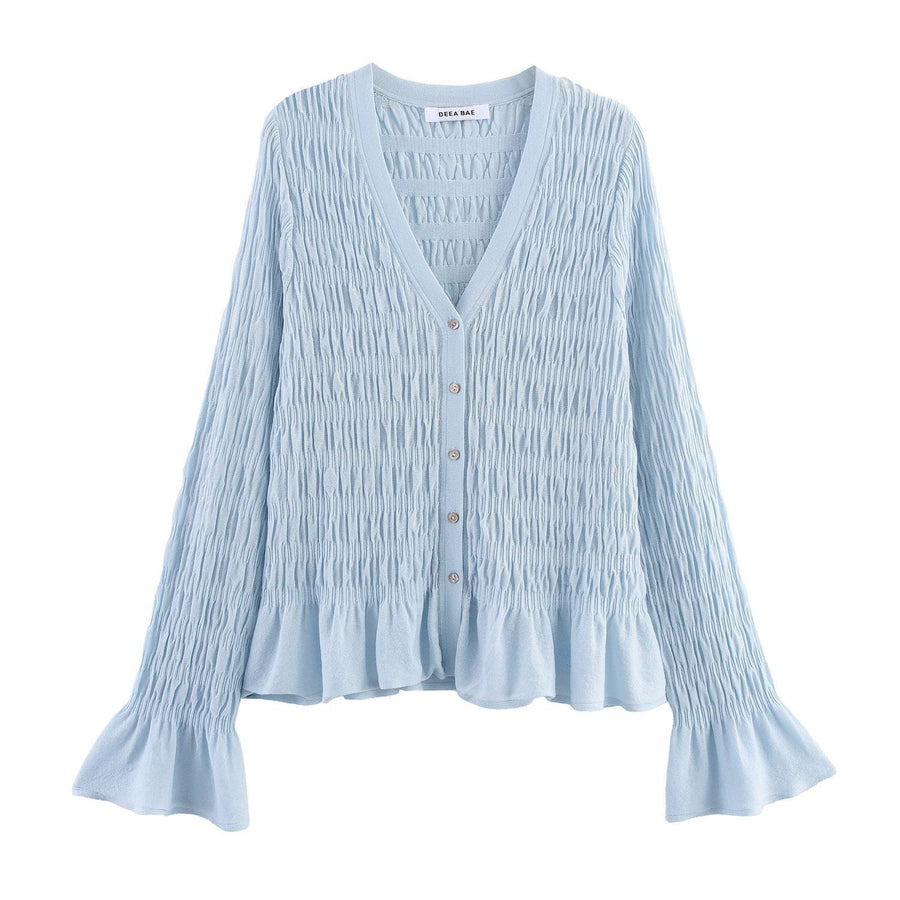 Livia Elegant Knit Cardigan with Ruffles in Light Blue