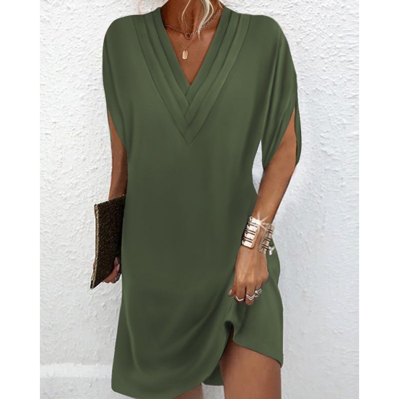Lola Elegant Dress with V-Neck and Side Split in Olive Green