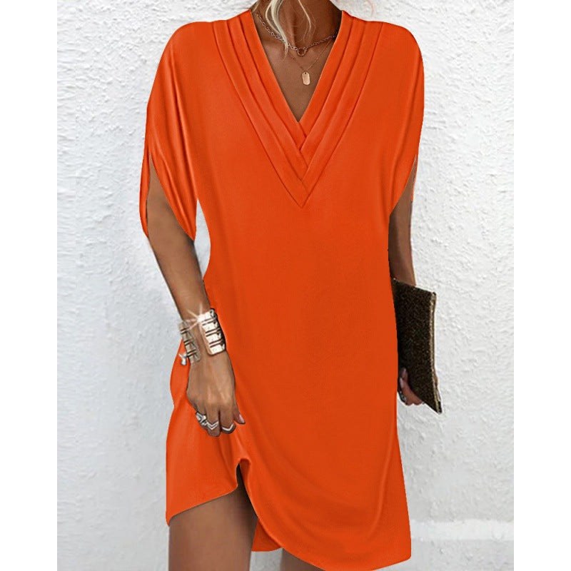 Lola Elegant Dress with V-Neck and Side Split in Orange