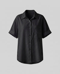 Lola Linen Blouse with Short Sleeve and Chest Pocket in Black