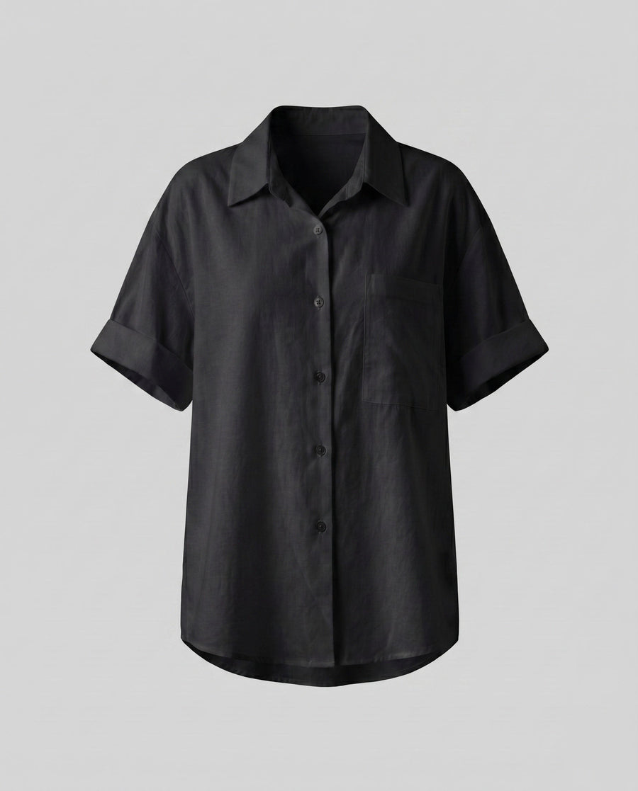 Lola Linen Blouse with Short Sleeve and Chest Pocket in Black