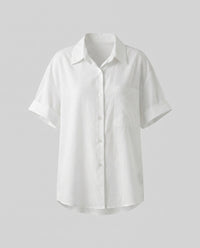 Lola Linen Blouse with Short Sleeve and Chest Pocket in Light Beige
