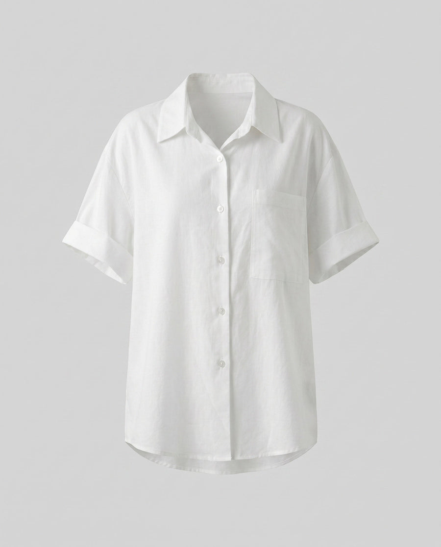 Lola Linen Blouse with Short Sleeve and Chest Pocket in Light Beige