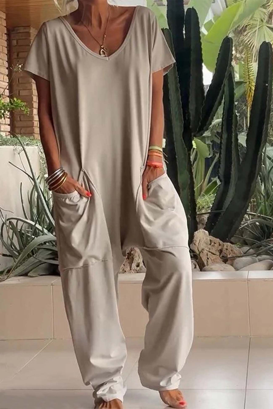Lola Women's V-Neck Short Sleeve Jumpsuit Relaxed Fit in Beige