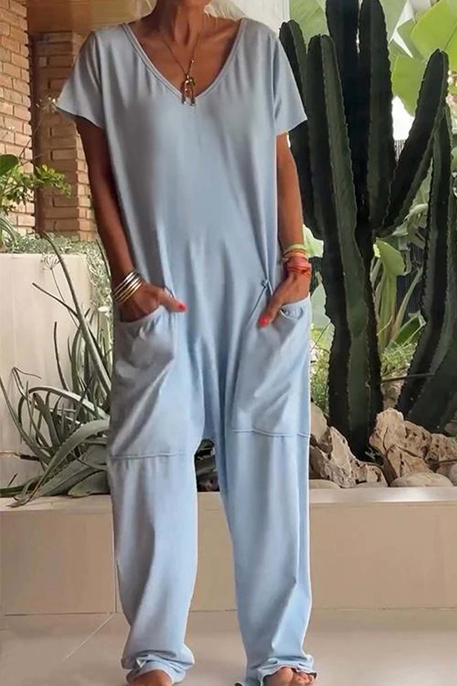 Lola Women's V-Neck Short Sleeve Jumpsuit Relaxed Fit in Blue