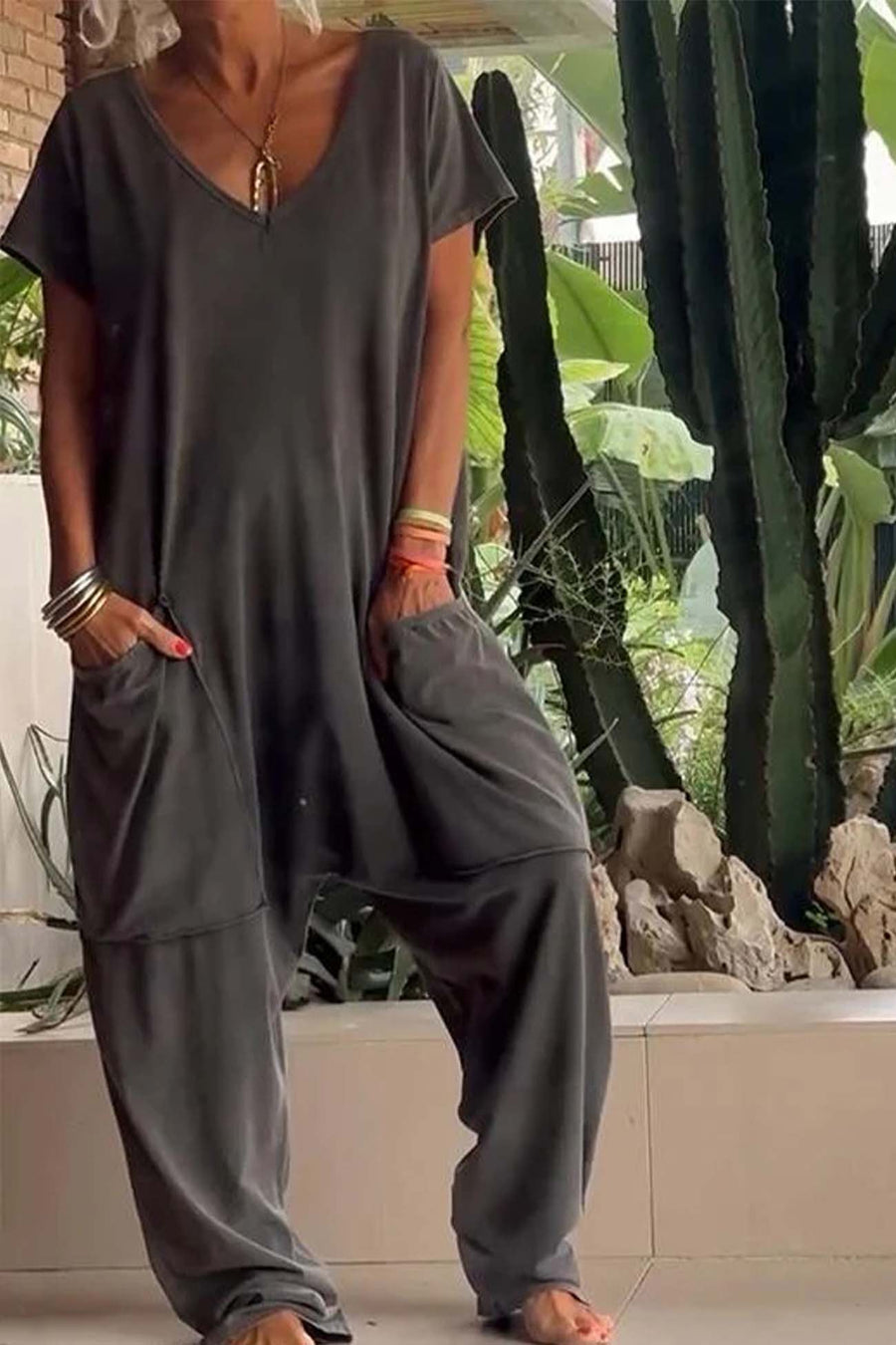 Lola Women's V-Neck Short Sleeve Jumpsuit Relaxed Fit in Grey