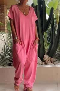 Lola Women's V-Neck Short Sleeve Jumpsuit Relaxed Fit in Pink