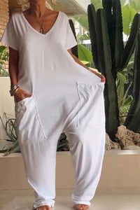 Lola Women's V-Neck Short Sleeve Jumpsuit Relaxed Fit in White