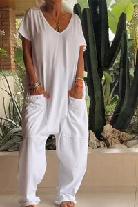 Lola Women's V-Neck Short Sleeve Jumpsuit Relaxed Fit in White