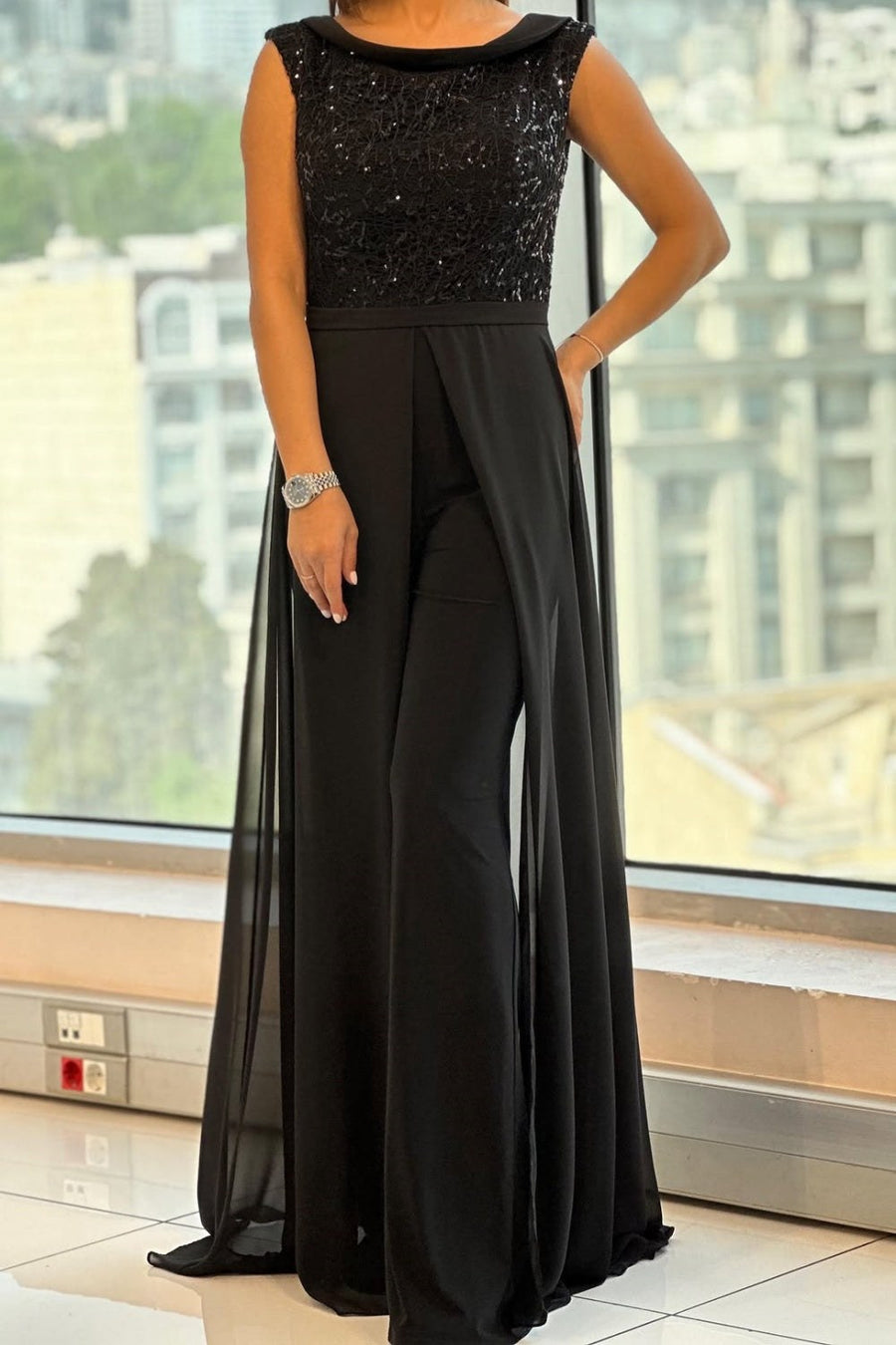 Loretta™ Crew-Neck Textured-Panel Jumpsuit in Black