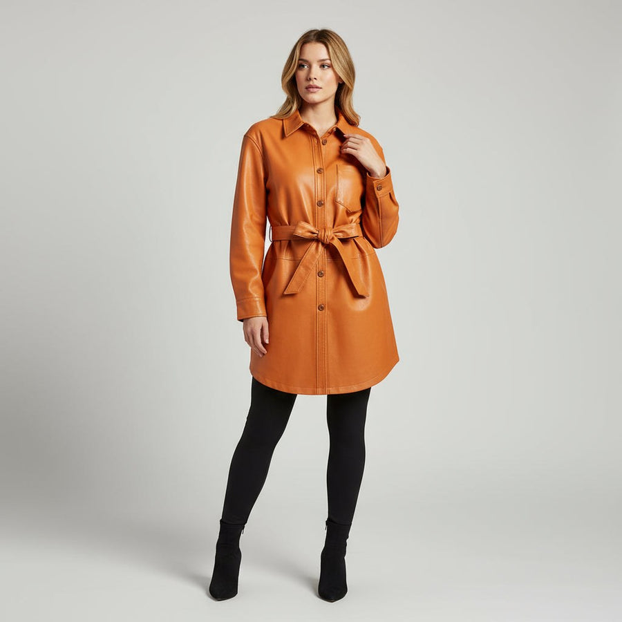 Lori Leather Shirt Jacket in Orange