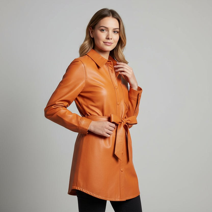 Lori Leather Shirt Jacket in Orange