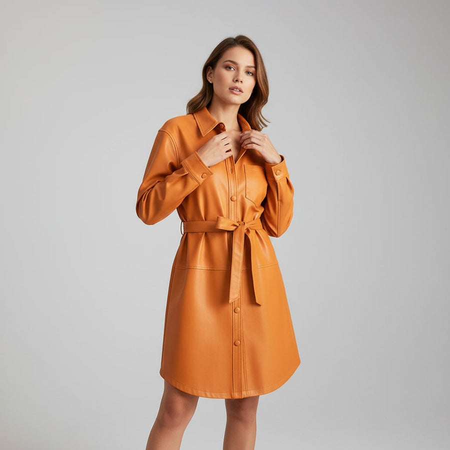 Lori Leather Shirt Jacket in Orange
