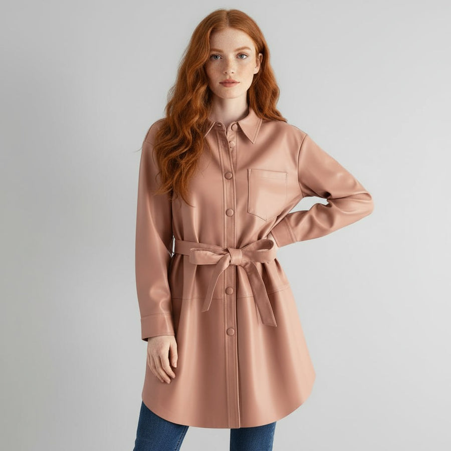 Lori Leather Shirt Jacket in Rose Pink