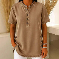 Lorreth Women's Henley Tunic Top with Side Buttons in Brown
