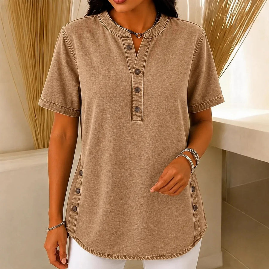 Lorreth Women's Henley Tunic Top with Side Buttons in Grey