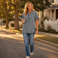 Lorreth Women's Henley Tunic Top with Side Buttons in Grey