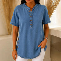 Lorreth Women's Henley Tunic Top with Side Buttons in Medium Blue Denim