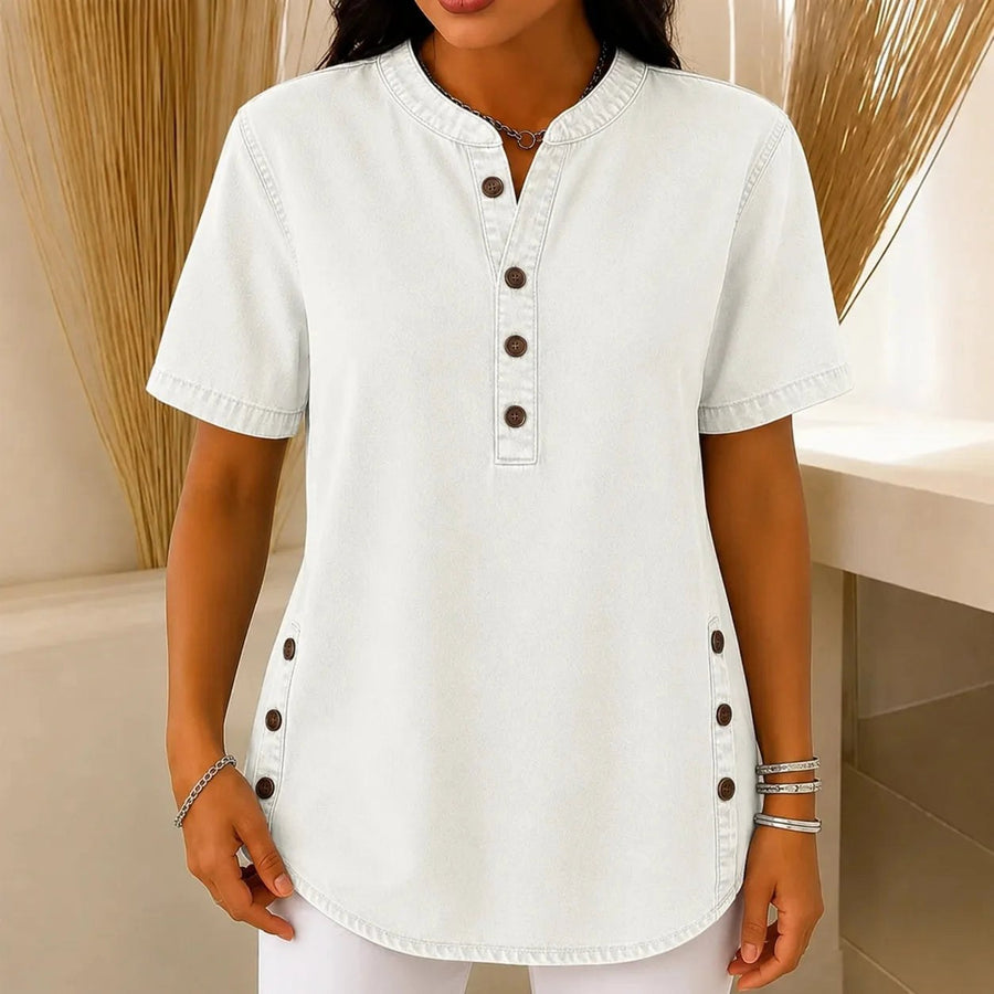 Lorreth Women's Henley Tunic Top with Side Buttons in White