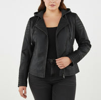 Lotte Leather Jacket with Hood in Black