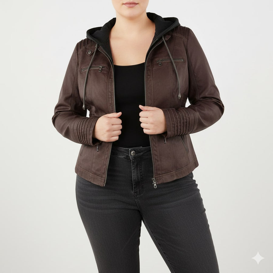 Lotte Leather Jacket with Hood in Brown