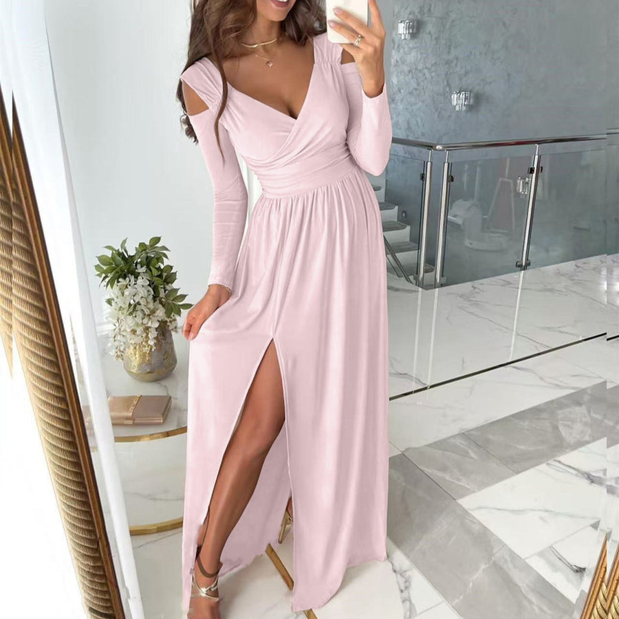 Louisa Elegant Maxi Dress with V-Neck and Side Split in Blue