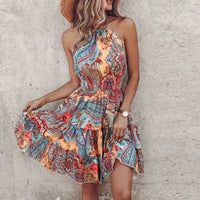 Loxley™ Backless Irregular Printed Mini Dress in Light Blue