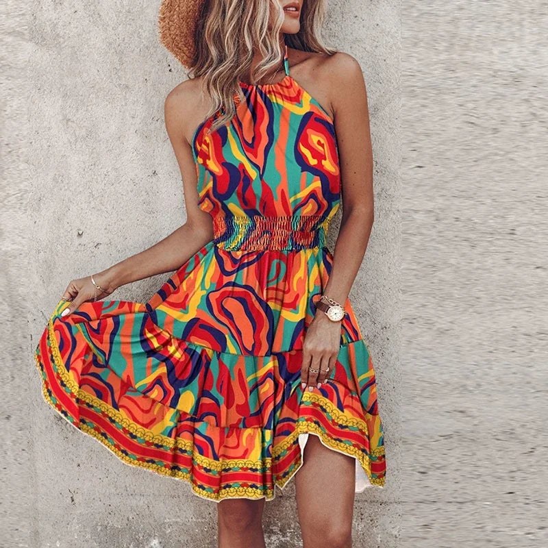 Loxley™ Backless Irregular Printed Mini Dress in Orange