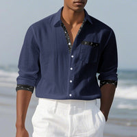 Lucas Relaxed Linen Shirt with Chest Pocket in Marinr&Blau