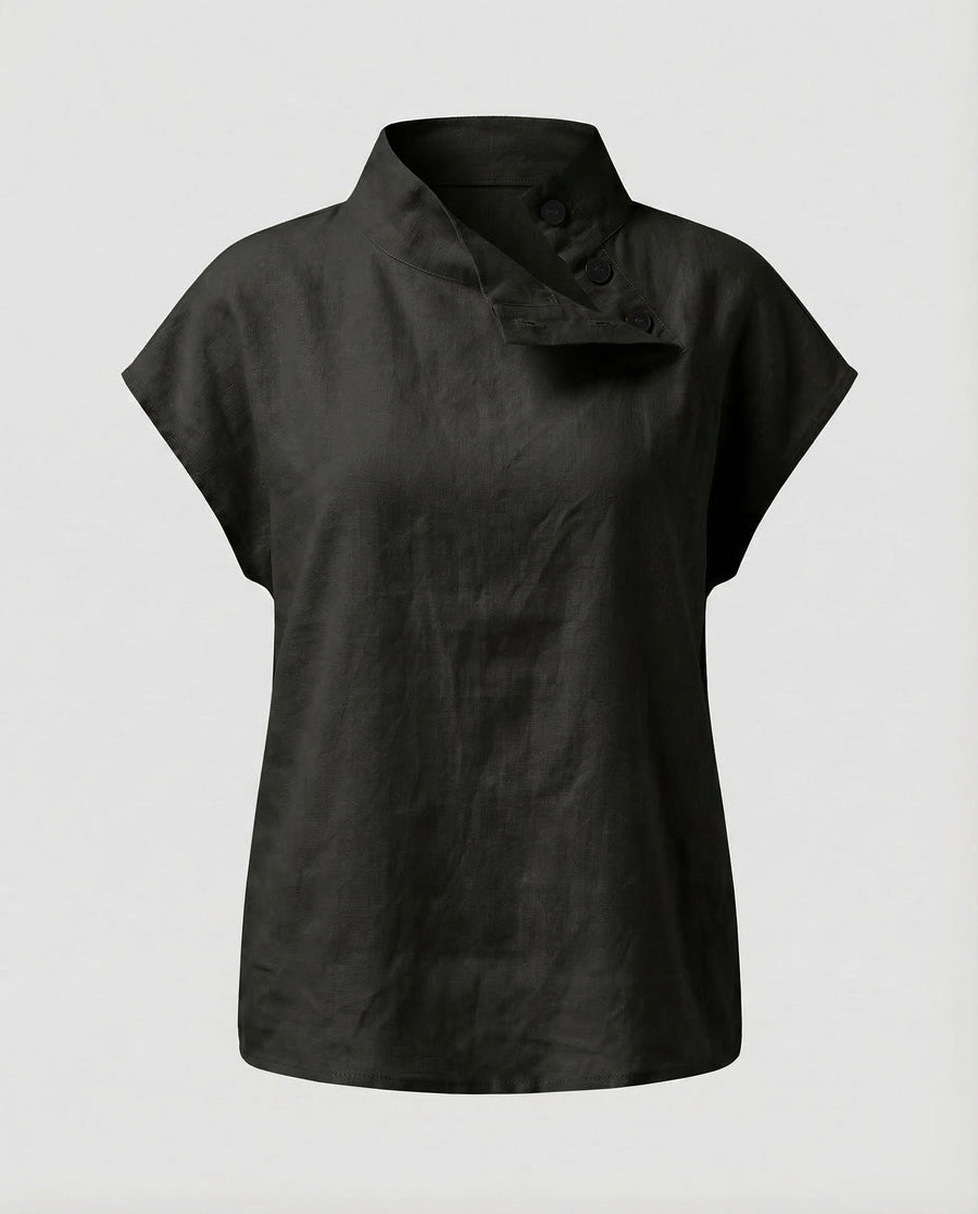 Lucia Linen Blouse with Button Front in Black