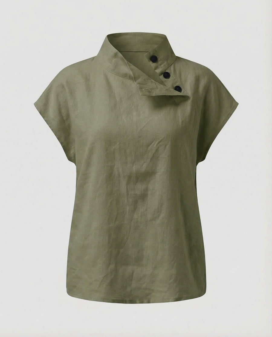 Lucia Linen Blouse with Button Front in Green