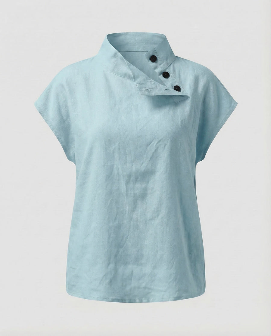 Lucia Linen Blouse with Button Front in Light Blue