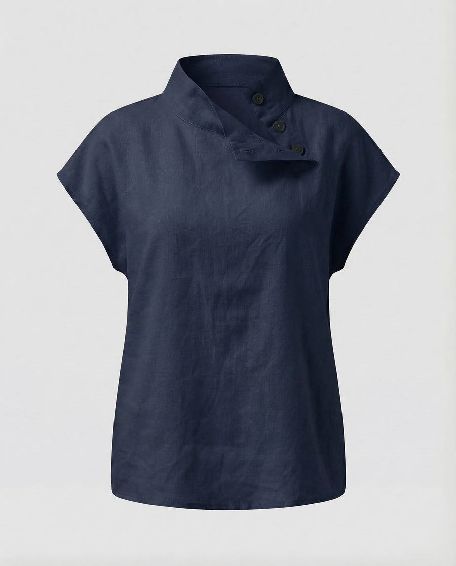 Lucia Linen Blouse with Button Front in Navy