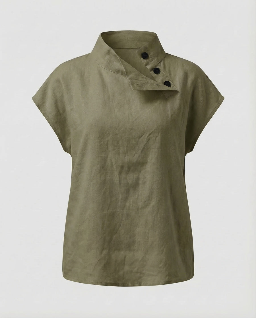 Lucia Linen Blouse with Button Front in Olive Green