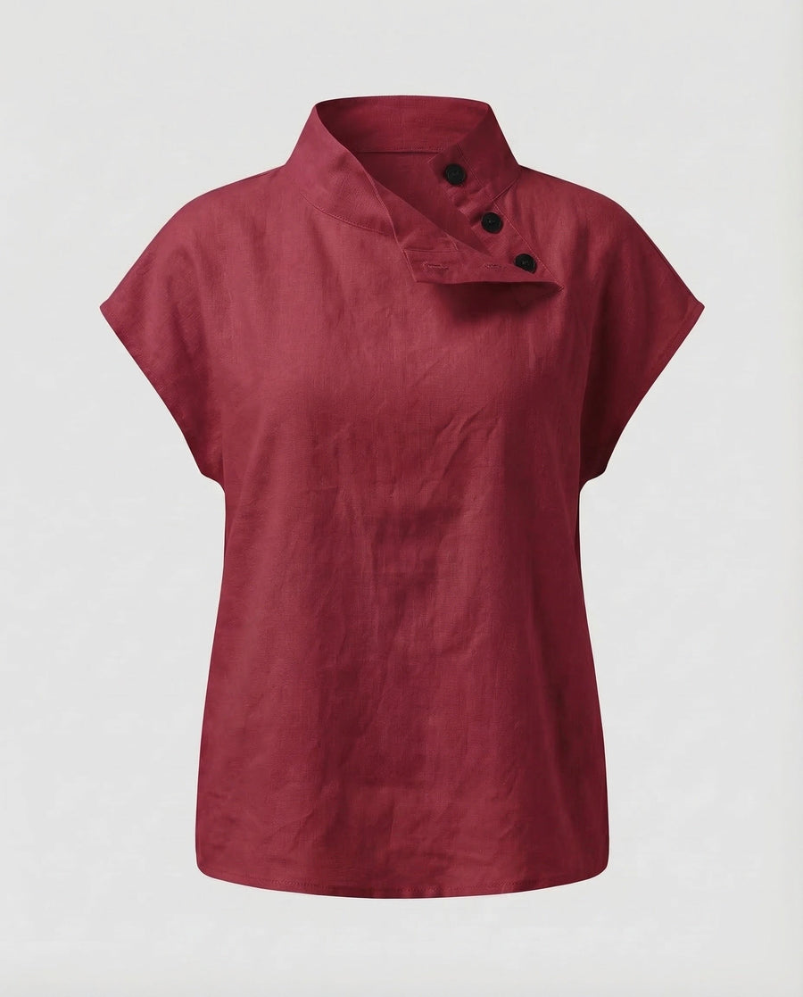 Lucia Linen Blouse with Button Front in Wine Red