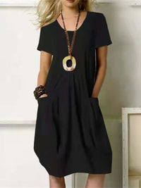 Lucia Linen Dress with Crew Neck in Black