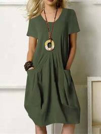 Lucia Linen Dress with Crew Neck in Green