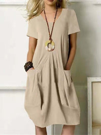 Lucia Linen Dress with Crew Neck in Khaki