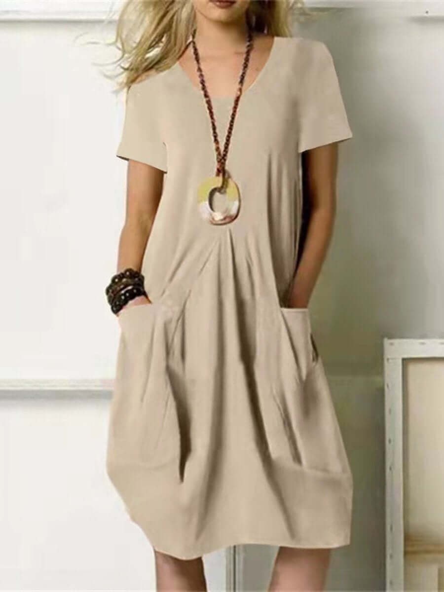 Lucia Linen Dress with Crew Neck in Khaki