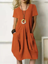 Lucia Linen Dress with Crew Neck in Orange