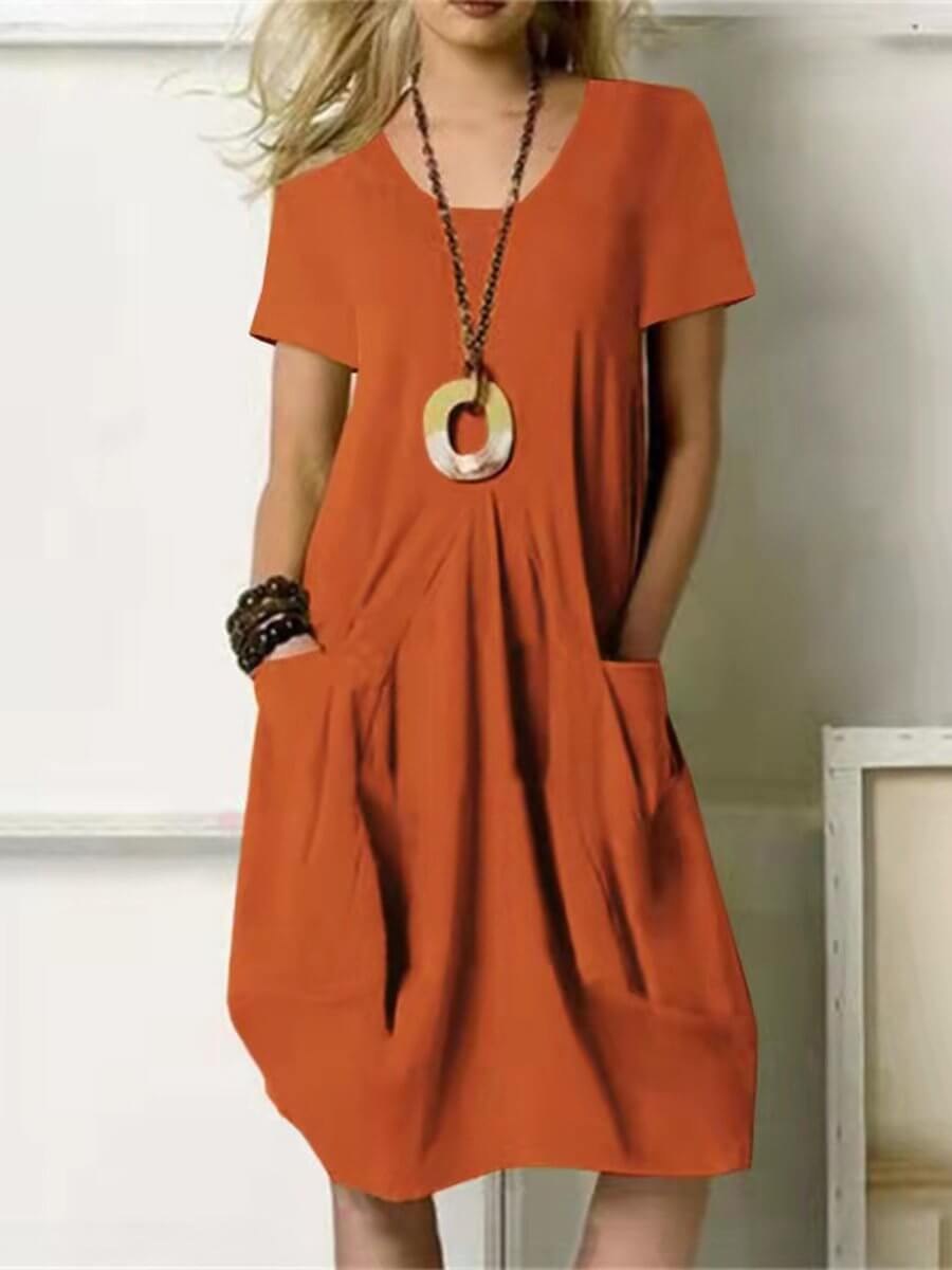 Lucia Linen Dress with Crew Neck in Orange