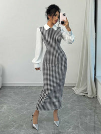 Lucille Elegant Dress with Puff Sleeve in Houndstooth
