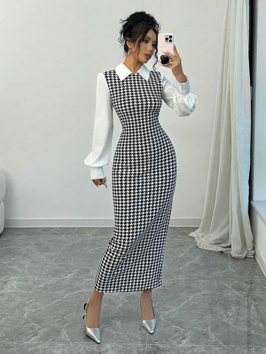 Lucille Elegant Dress with Puff Sleeve in Houndstooth
