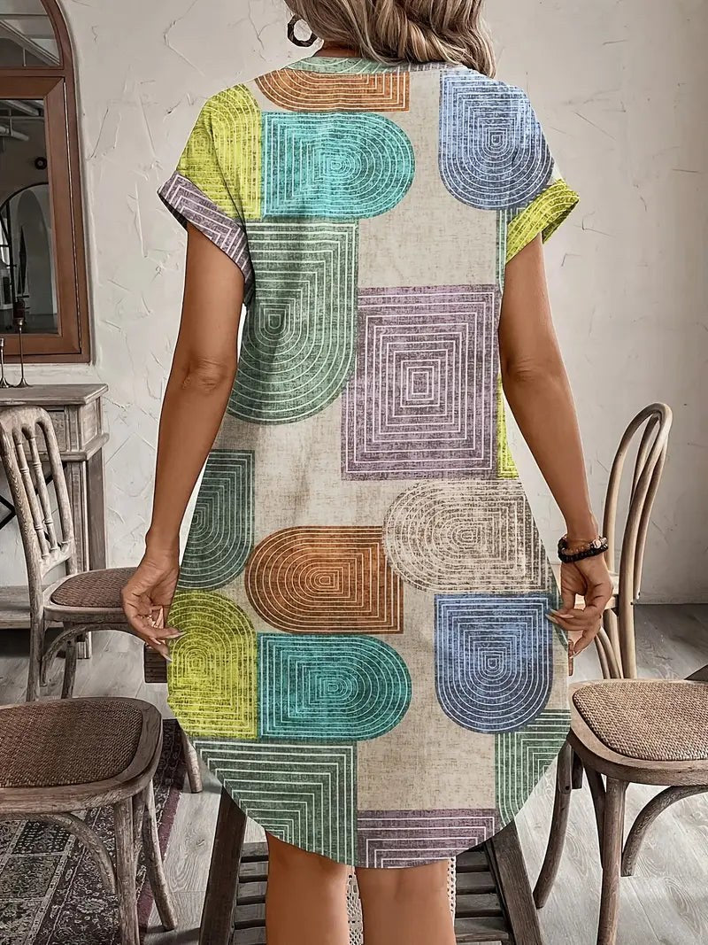 Lucille Women's Geometric Print Midi Dress Short Sleeve Button-Front Casual Dress in Multicolour