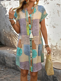 Lucille Women's Geometric Print Midi Dress Short Sleeve Button-Front Casual Dress in Multicolour